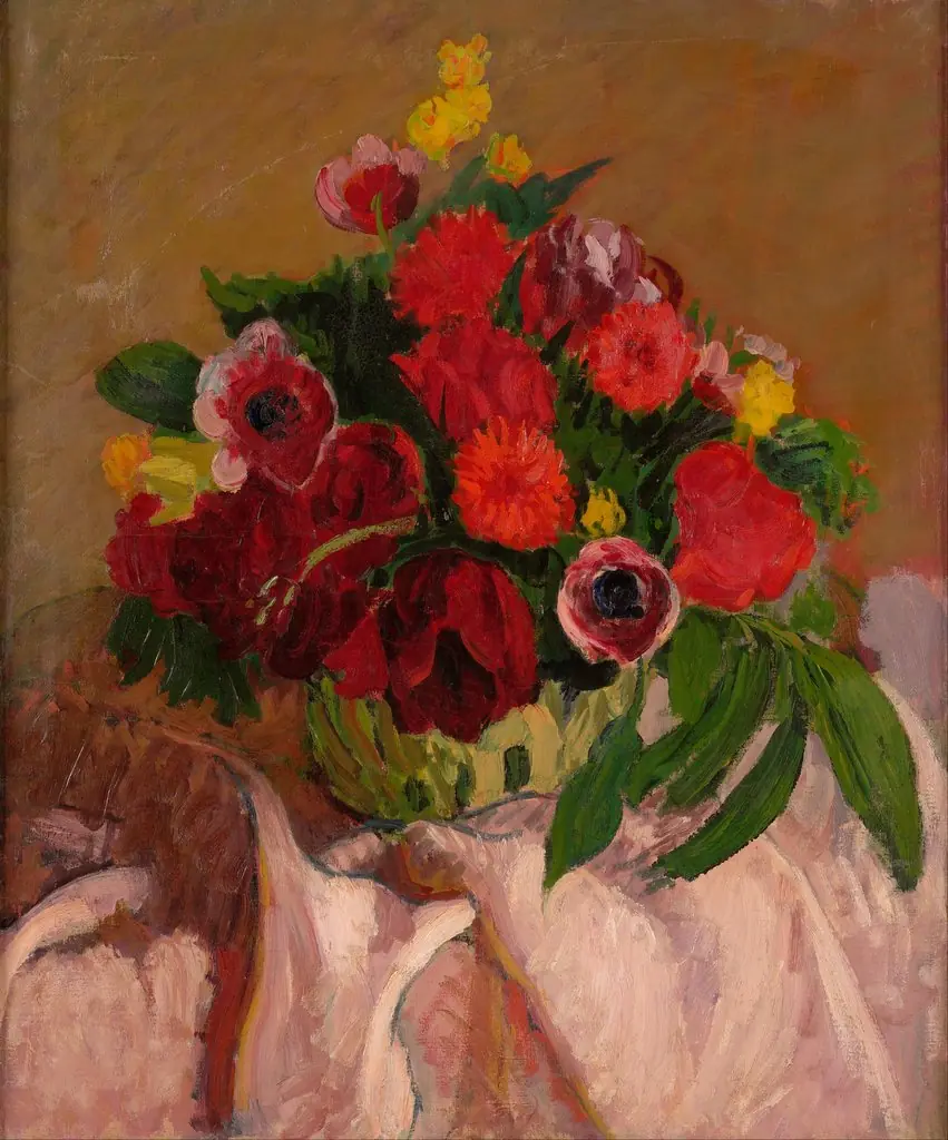 Mixed flowers on pink cloth, by Roderic O'Conor, oil, 1916