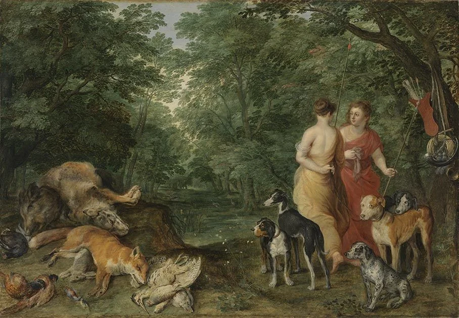 Two nymphs with hounds, detail