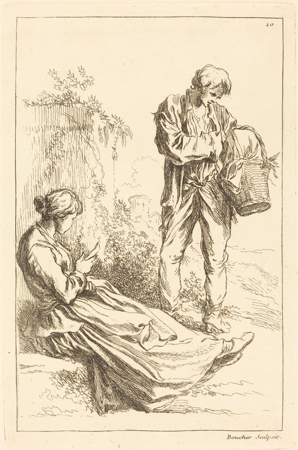 Seated Woman with Peasant Boy Holding a Basket, by François Boucher, ink, 1735