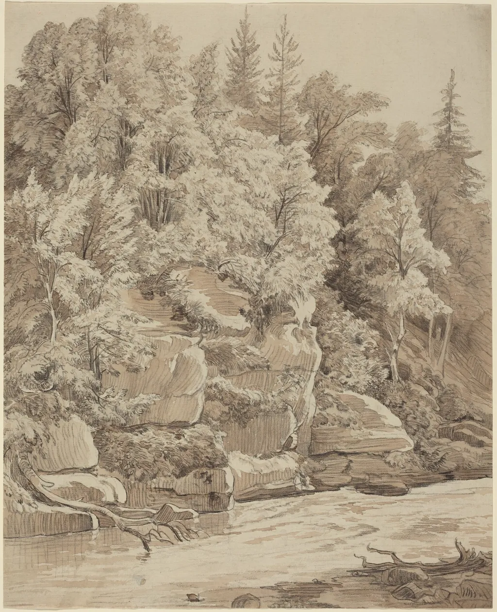Wooded Cliffs along a Stream, by Carl Wagner, chalk, 1844