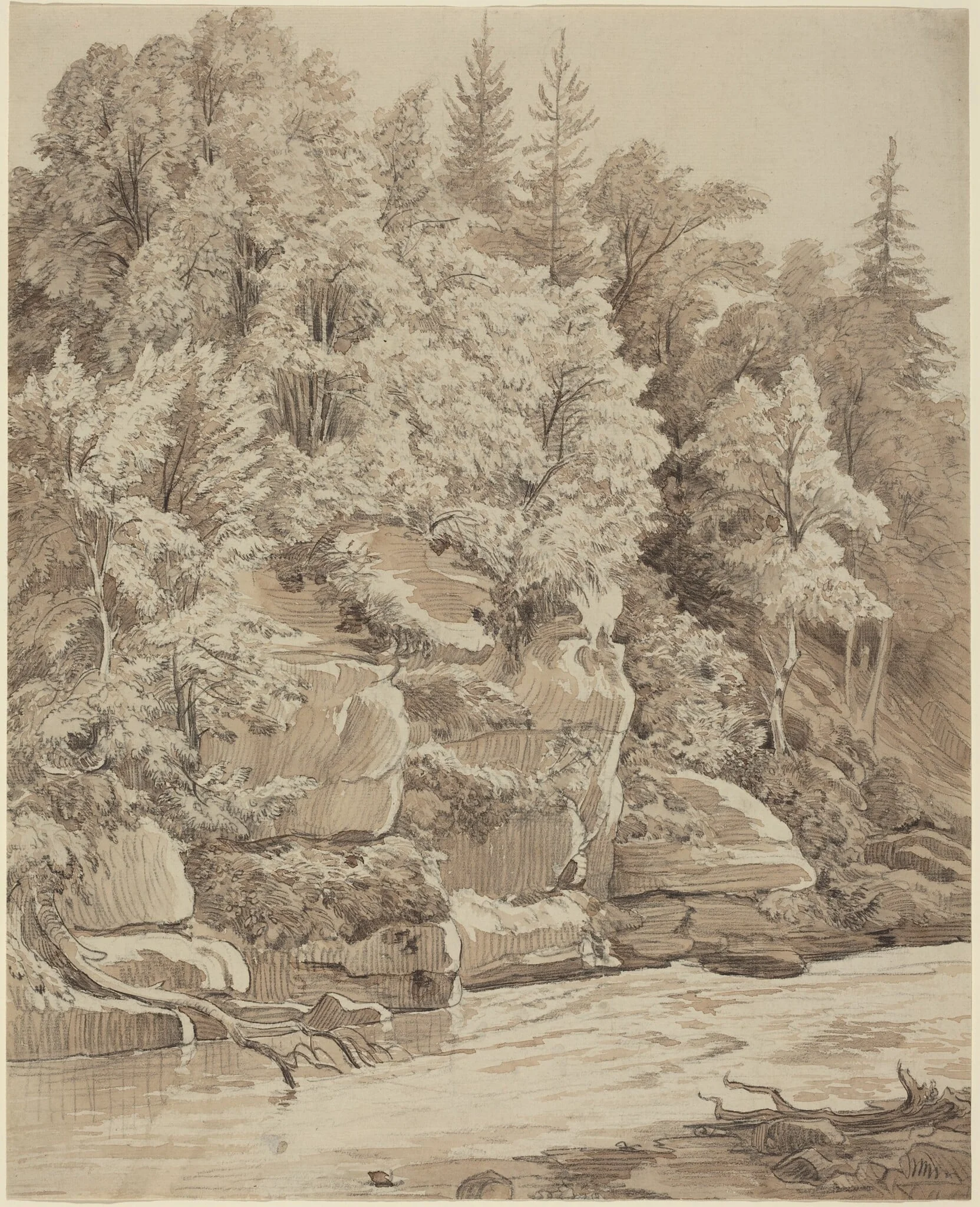 Wooded Cliffs along a Stream, detail