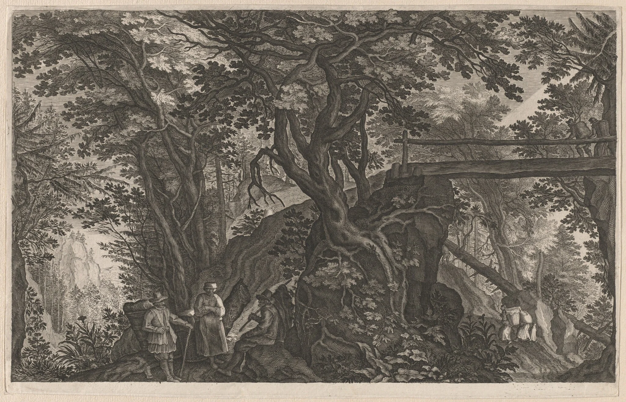 Travelers Resting in a Mountain Forest by a Log Bridge, detail