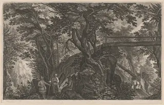 Travelers Resting in a Mountain Forest by a Log Bridge, by Aegidius Sadeler II, ink, 1608