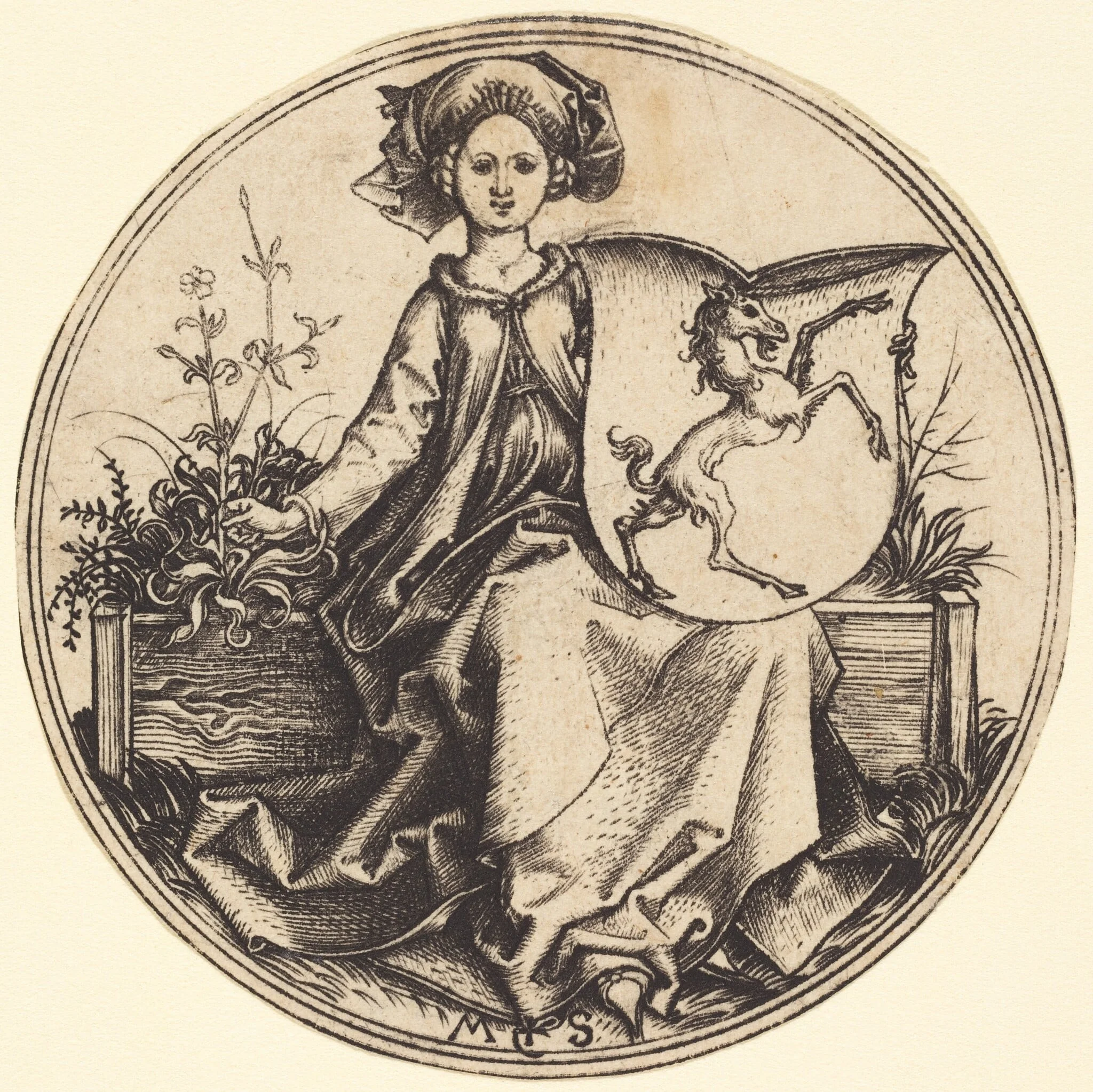 Shield with Unicorn, Held by Woman, detail