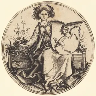 Shield with Unicorn, Held by Woman, by Martin Schongauer, ink, 1485