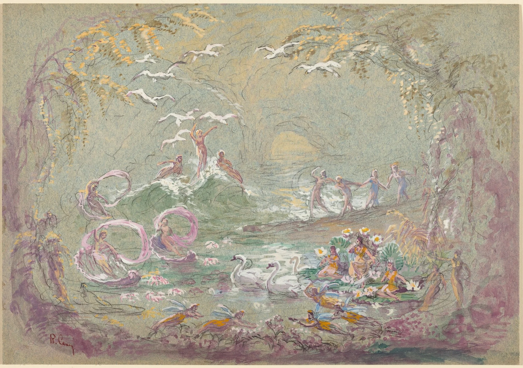 Lake Scene with Fairies and Swans, detail