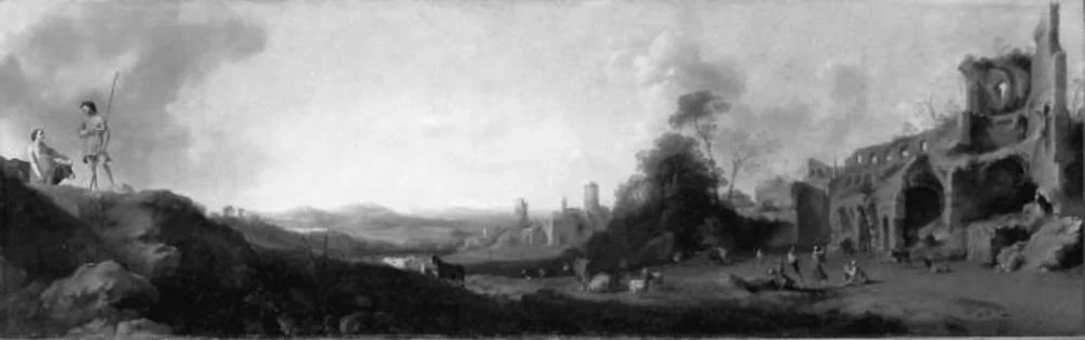 Landcape with shepherds dancing near classical ruins, detail