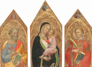 Madonna and Child with the Blessing Christ, and Saints Peter, James Major, Anthony Abbott, and a Deacon Saint [entire triptych], by Martino di Bartolomeo, tempera, 1418