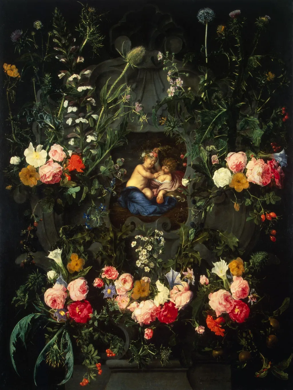 Garland of Flowers Around a Cartouche with Jesus and St John the Baptist as Children, by Daniel Seghers, oil, 1630