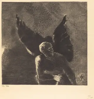 Gloire et louange a toi, satan, dans les hauteurs du ciel ou tu regnas, et dans les profondeurs de l'enfer, ou vaincu, tu reves en silence! (Glory and praise to you, Satan, in the heights of heaven, where you reigned, and in thedepths of hell, where, vanquished, you dream in s ilence!), by Odilon Redon, ink, 1890
