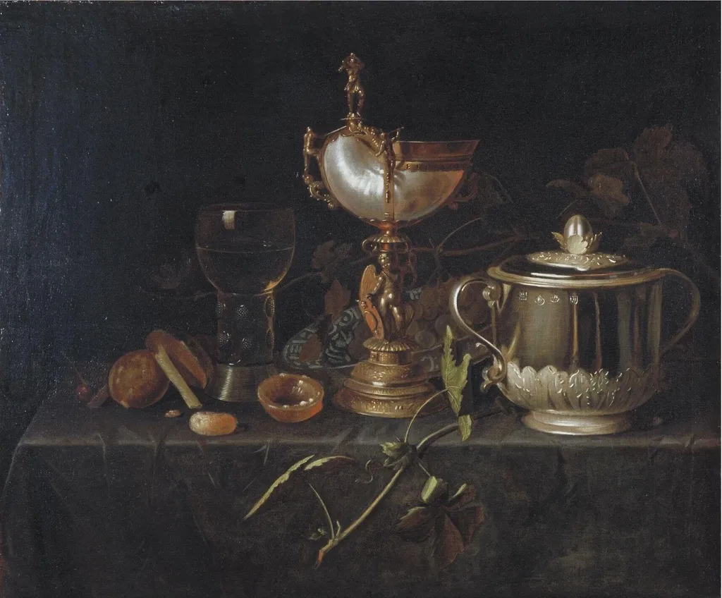 Porringer and Nautilus Cup, by Pieter Gerritsz van Roestraten, oil, 1650