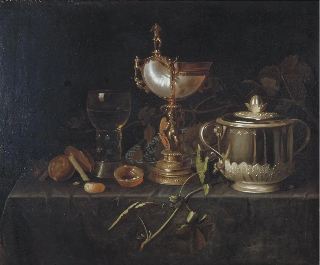 Porringer and Nautilus Cup, by Pieter Gerritsz van Roestraten, oil, 1650