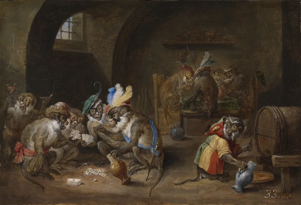 Monkeys in a Tavern, by David Teniers the Younger, oil, 1660