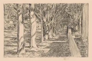 Easthampton, Sidewalk, by Childe Hassam, ink, 1925