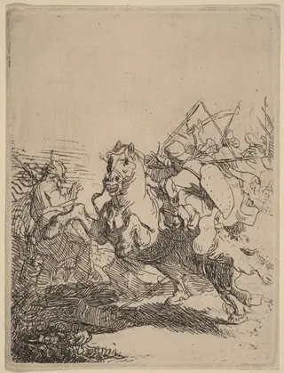 A Cavalry Fight, by Rembrandt van Rijn, ink, 1632