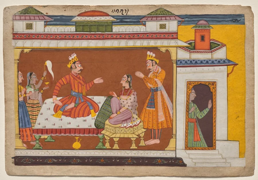 King Dasharatha sends his chief minister Sumantra to summon Rama, from the "Shangri" Ramayana, detail