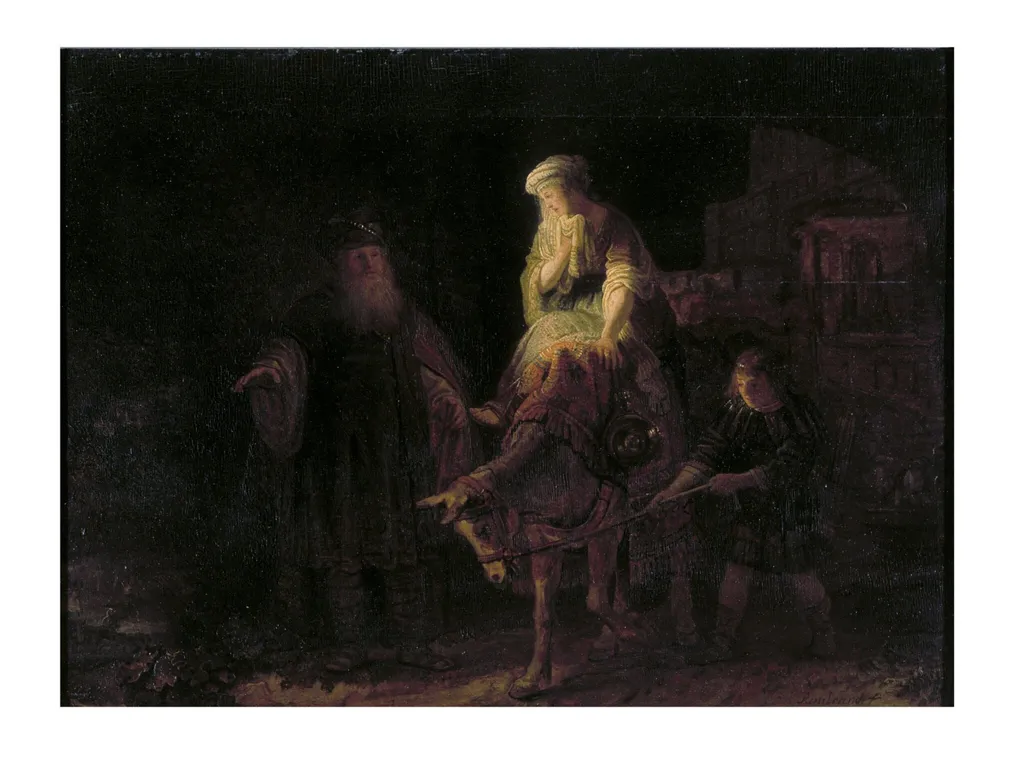Abraham dismissing Hagar and Ishmael, by Rembrandt, oil, 1640