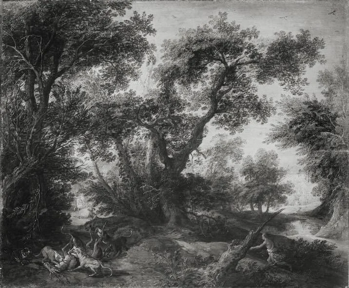 Wooded landscape with a deerhunt, detail