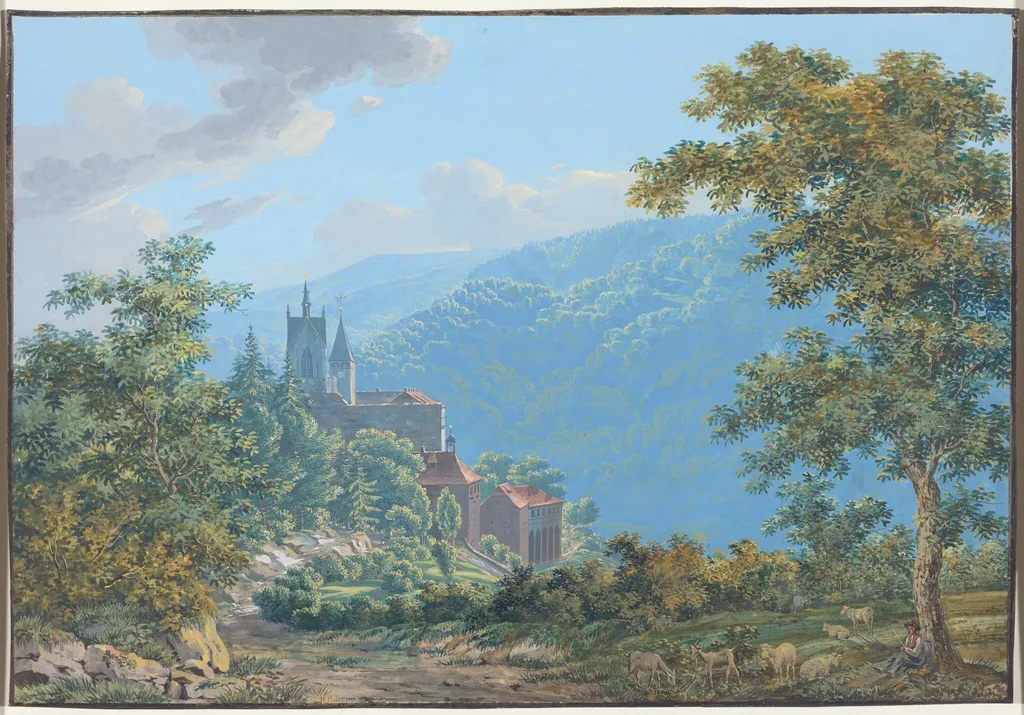 A Fortress in a Mountain Landscape at Sunrise, by Jakob Wilhelm Huber, ink, 1810
