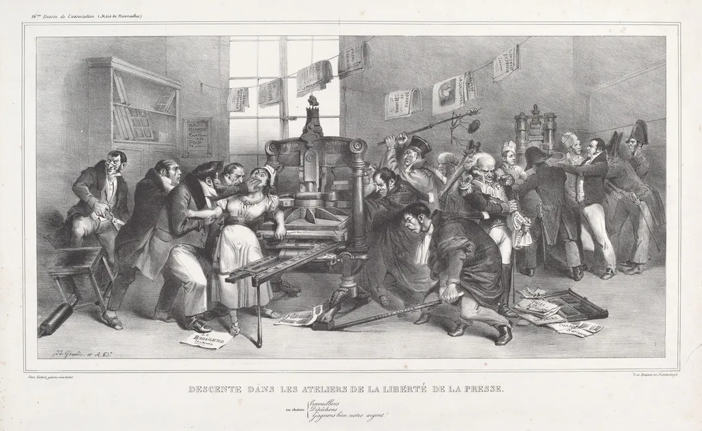 Descente dans les Ateliers de la Liberté de la presse (Raid on the Workshops of the Freedom of the Press), by Jean-Ignace-Isidore Grandville, ink, 1833
