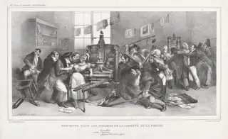 Descente dans les Ateliers de la Liberté de la presse (Raid on the Workshops of the Freedom of the Press), by Jean-Ignace-Isidore Grandville, ink, 1833