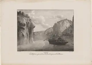 Baiern, Kalkfelsen zwischen Weltenburg und Kellheim (Bavaria, Chalk Cliffs between Weltenburg and Kellheim), by Jakob Alt, ink, 1823