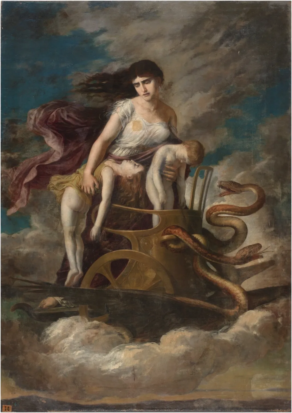 Medea con los hijos muertos huye de Corinto en un carro tirado por dragones, by Germán Hernández Amores, oil, 1894