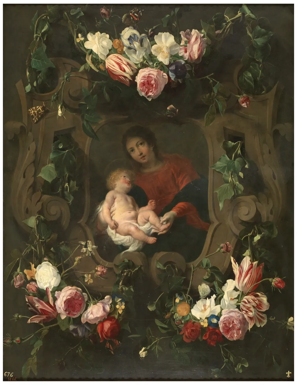 Flower garland around the Virgin and Child, by Cornelis Schut III, oil, 1601