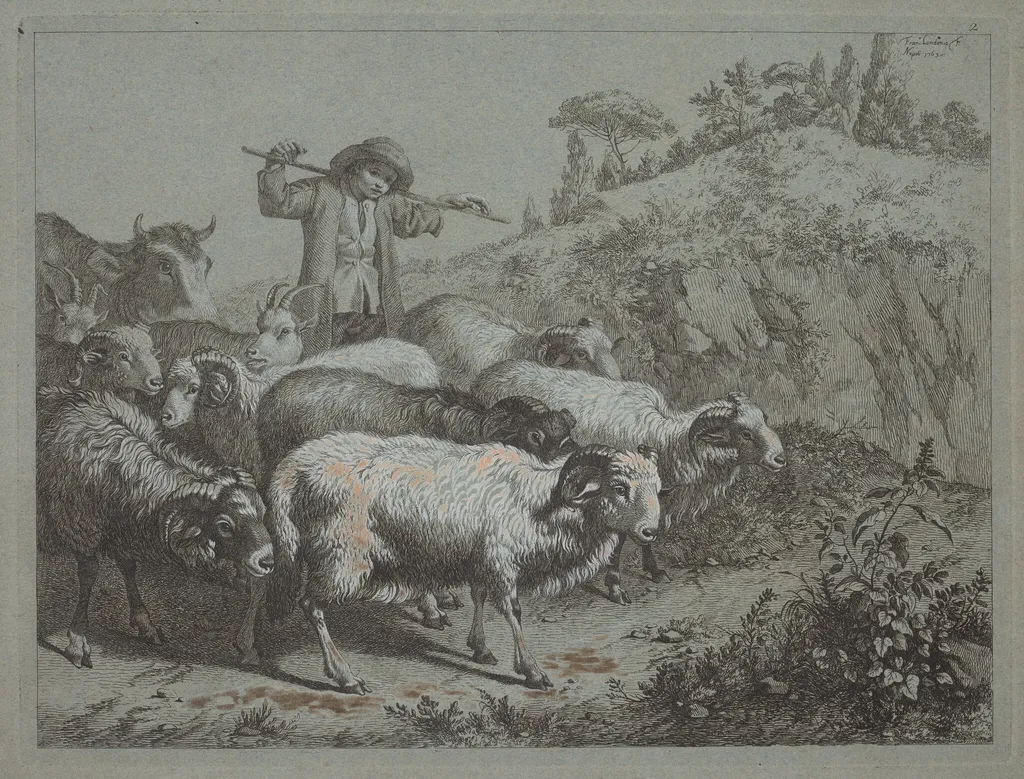 Shepherd with his Flock, by Francesco Londonio, gouache, 1753