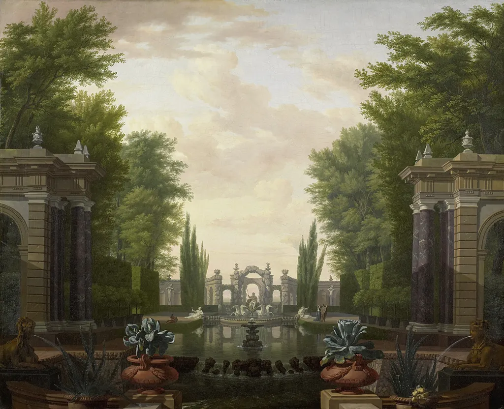 Statues and buildings on the water in a park, by Isaac de Moucheron, oil, 1722