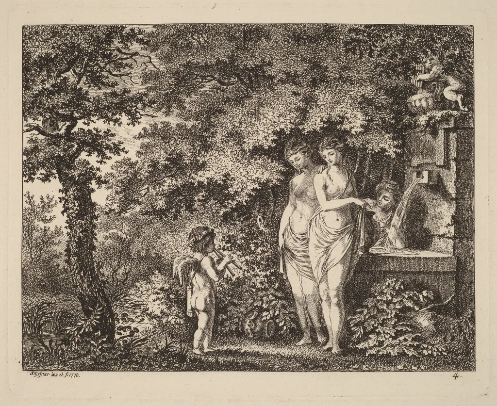 Eros with Three Girls at a Fountain, by Salomon Gessner, ink, 1770