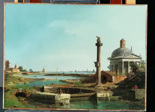 A Lock, a Column, and a Church beside a Lagoon, by Canaletto, oil, 1742