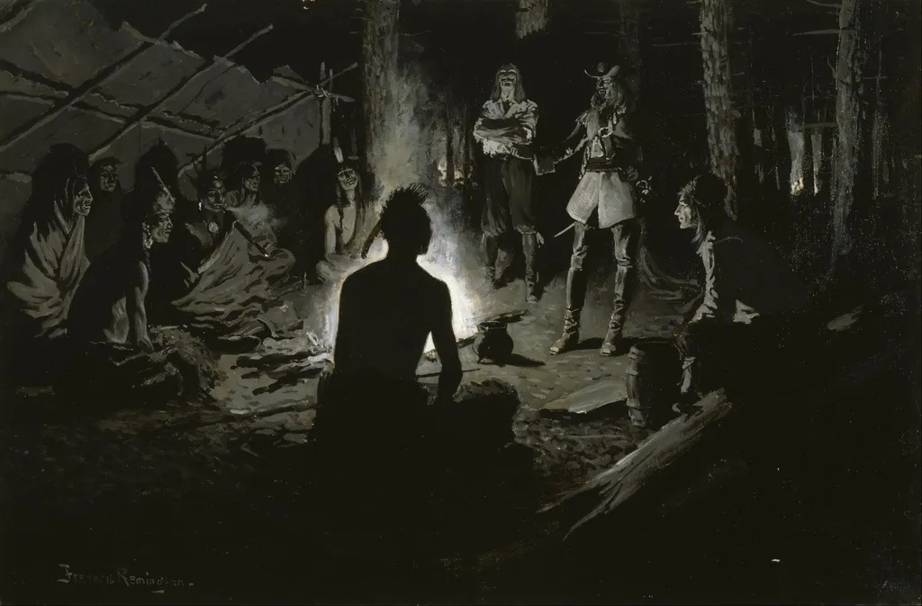 French Explorer's Council with the Indians, by Frederic Remington, oil, 1901