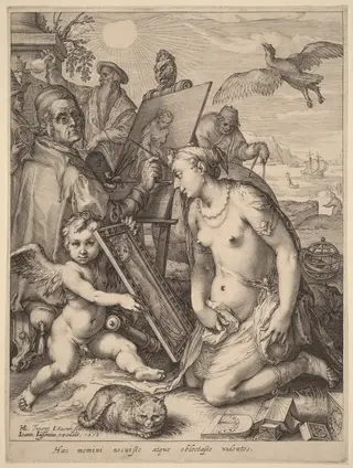 Artist Painting a Nude Woman: Allegory of Visual Perception, by Jan Pietersz Saenredam, ink, 1598
