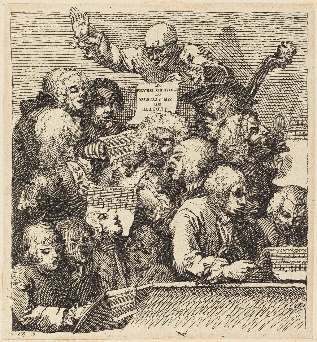 A Chorus of Singers, by William Hogarth, ink, 1732