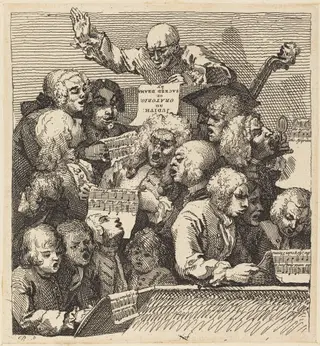 A Chorus of Singers, by William Hogarth, ink, 1732