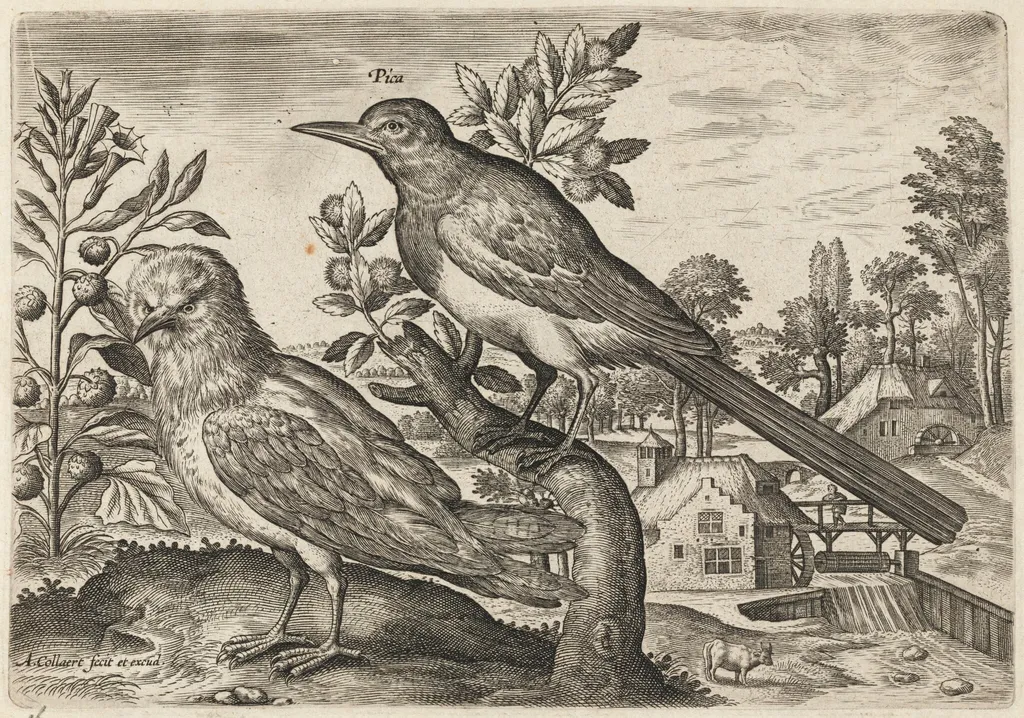 Magpie and Another Bird, by Adriaen Collaert, ink, 1600