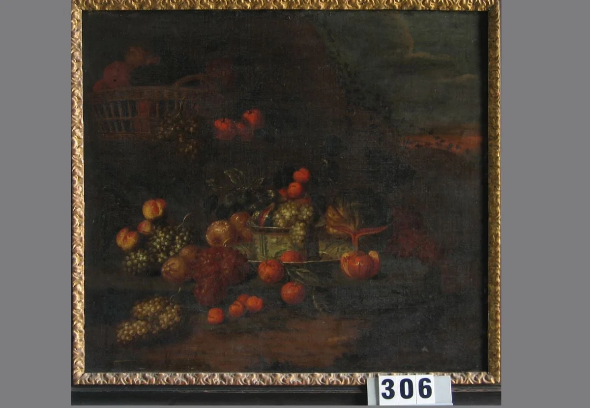 Fructe și un coș (în Reg. Inv.: Fructe și un cocoș), detail