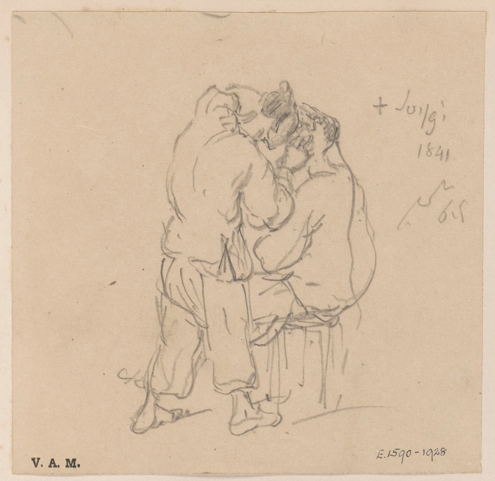 A drawing of a Chinese barber and customer, detail