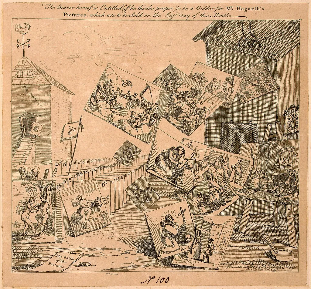 The Battle of the Pictures, by William Hogarth, ink, 1744