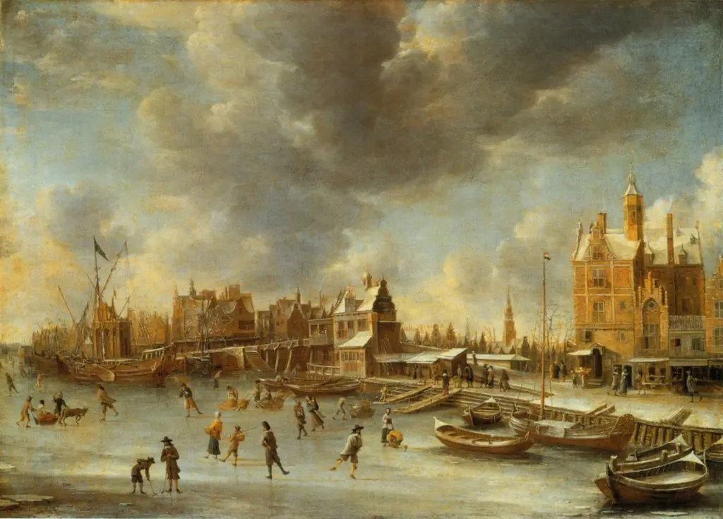 Skaters on the Y in front of Paalhuis and the Nieuwe Brug in Amsterdam, by Jan Abrahamsz Beerstraaten, paint, 1664