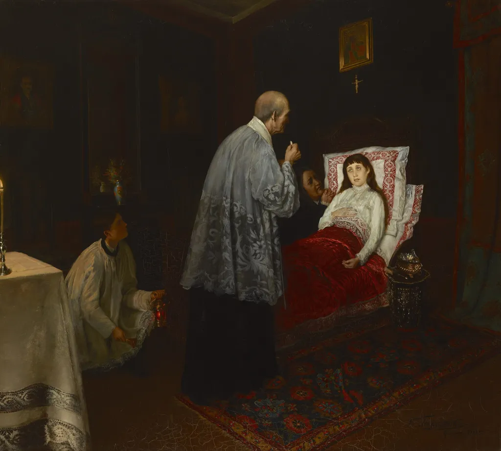 Communion of a Sick Woman, by Wincenty Trojanowski, oil, 1894