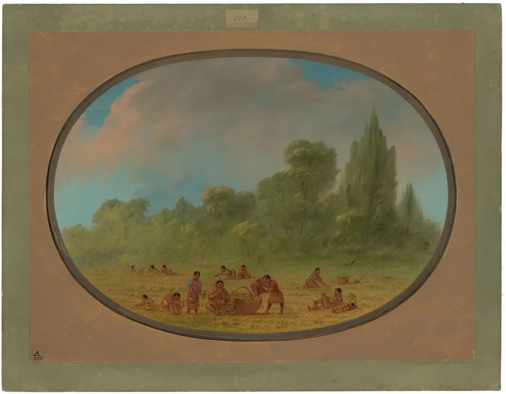 Caddoe Indians Gathering Wild Strawberries, by George Catlin, oil, 1865