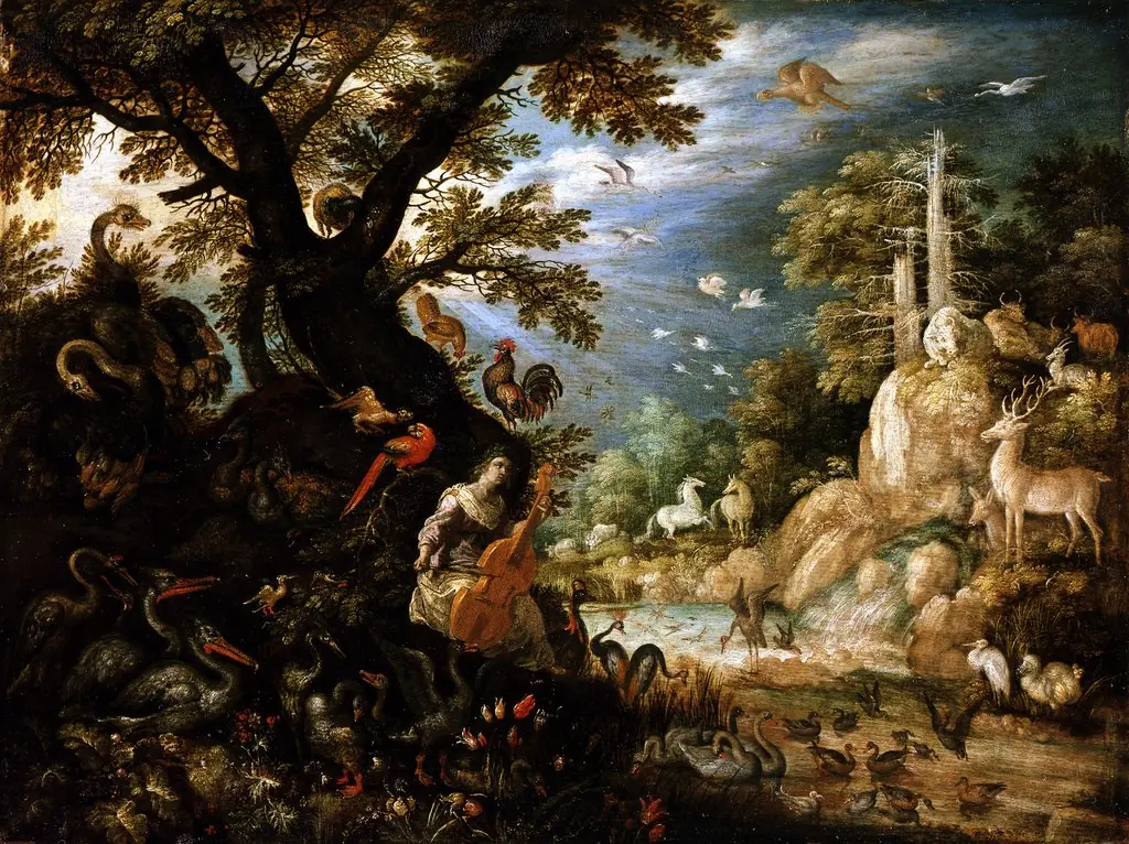Landscape with Orpheus and the Animals, by Roelant Savery, paint, 1611