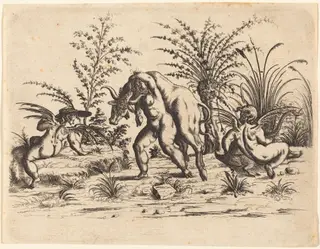 Three Putti with a Dead Bull, by Christoph Jamnitzer, ink, 1610