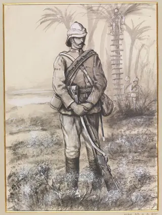 Outpost duty at El Gubat,  Morning, by William S. Perry, watercolor, 1886
