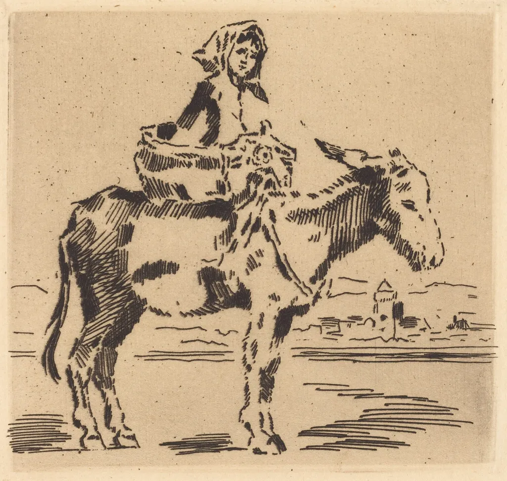 Cacoletière à la Tour (Woman Riding an Ass near a Tower), by Félix-Hilaire Buhot, ink, 1872