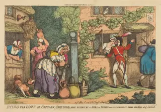Dying for Love, or Captain Careless shot flying by a Girl of Fifteen, who Unexpectedly Popped her Head out of a Casement, by Thomas Rowlandson, ink, 1810
