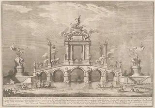 The Prima Macchina for the Chinea of 1755: A Triumphal Bridge with Antiquities from Herculaneum, by Giuseppe Vasi, ink, 1755