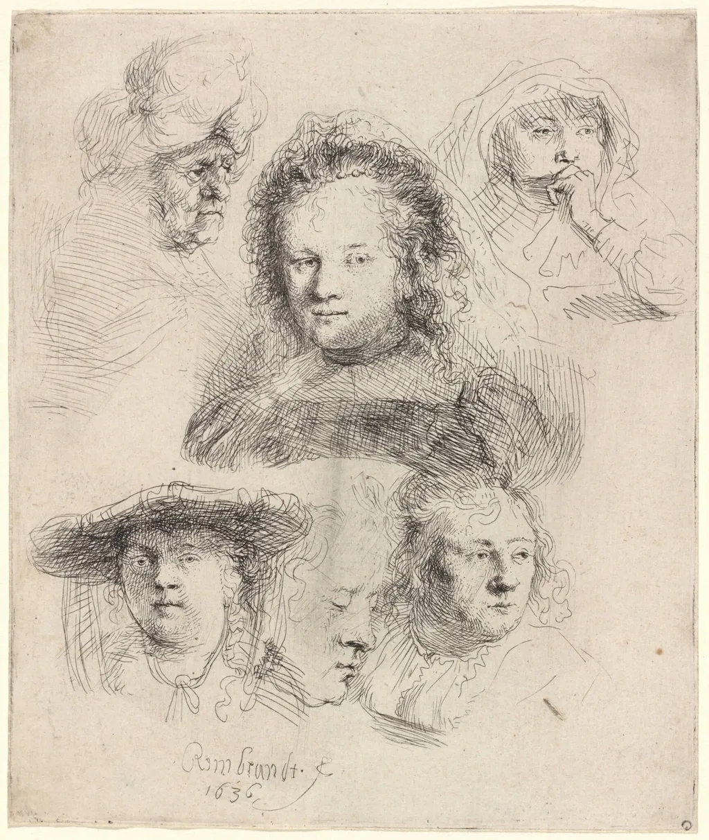 Studies of the Head of Saskia and Others, by Rembrandt van Rijn, ink, 1636